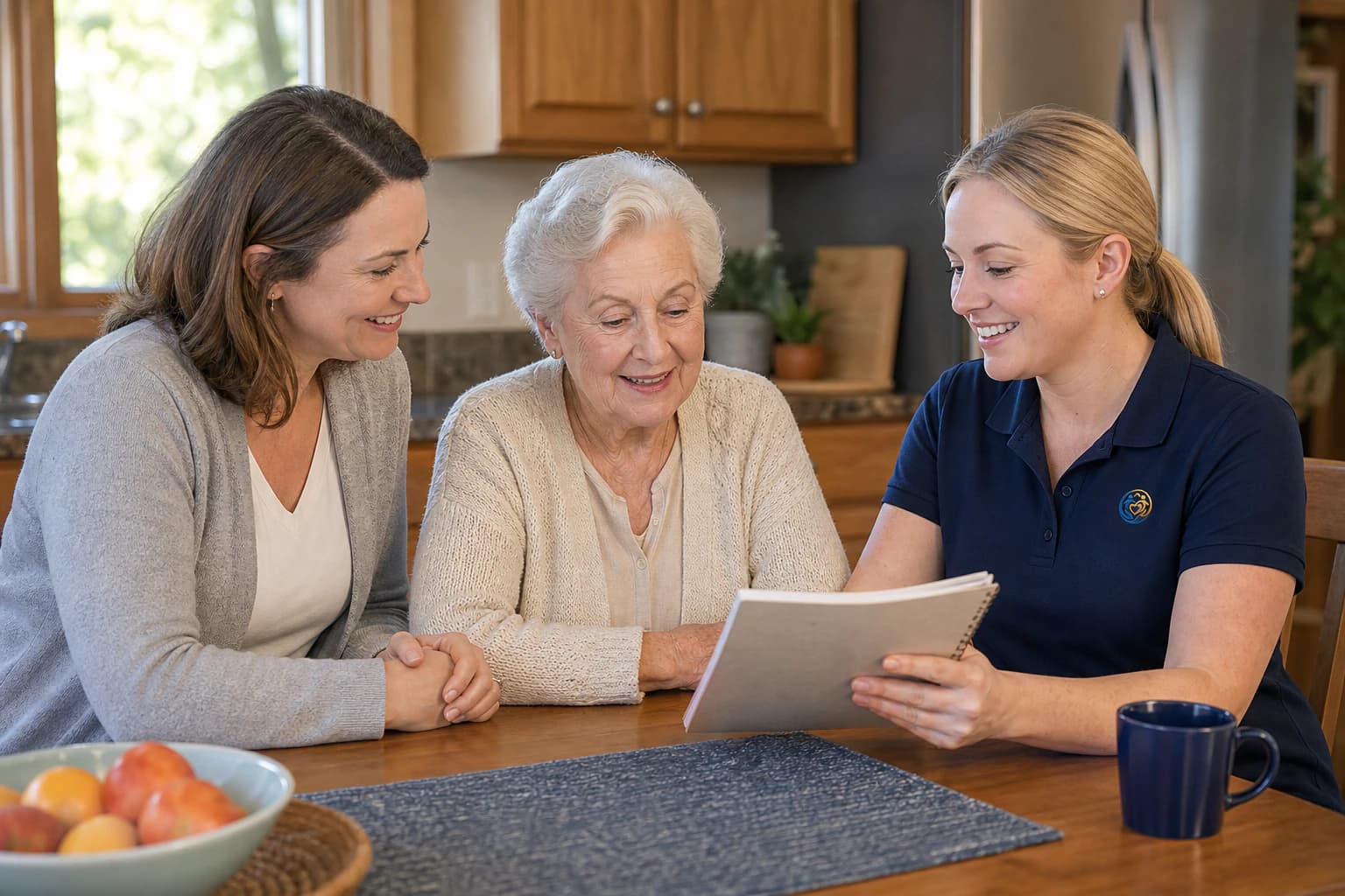 A family and professional caregiver reviewing a care plan together