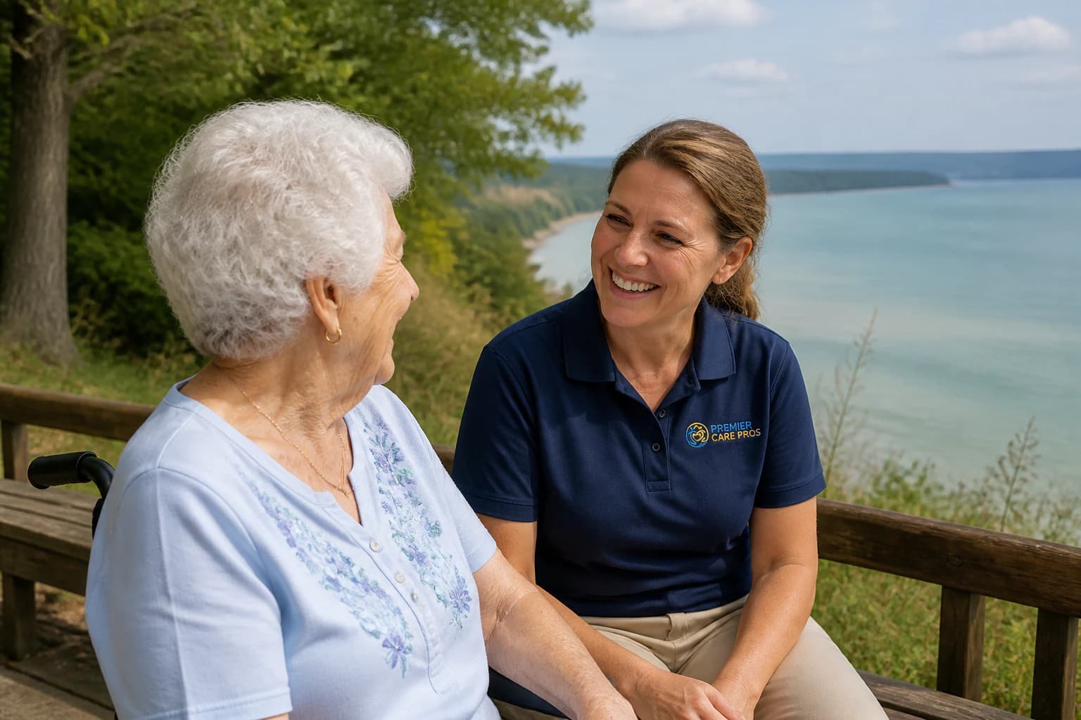 An older adult and caregiver enjoying time together near Lake Michigan