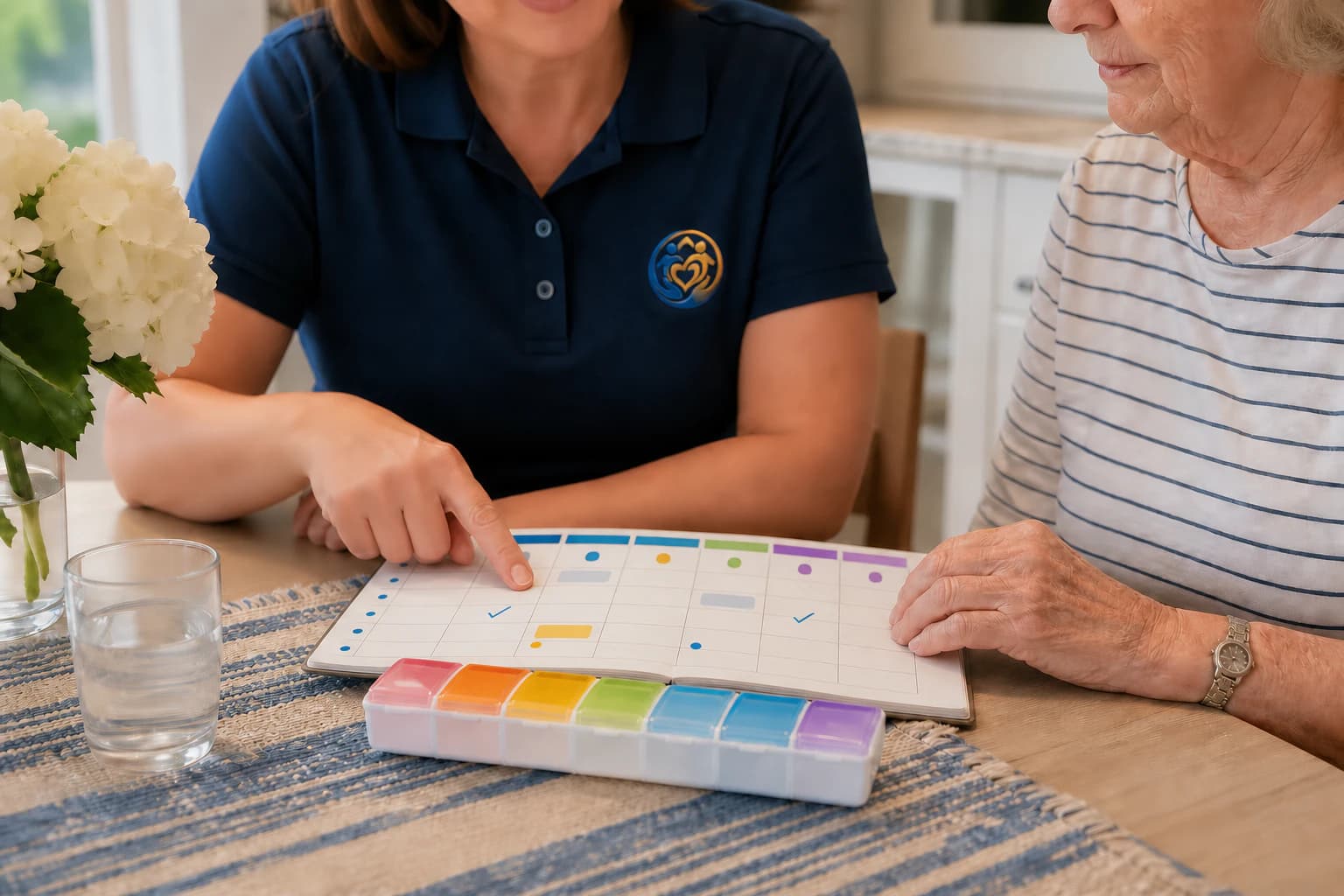 A caregiver reviewing a medication schedule with an older adult