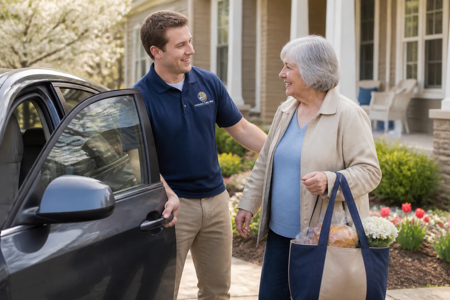 A caregiver helping an older adult get ready for an outing
