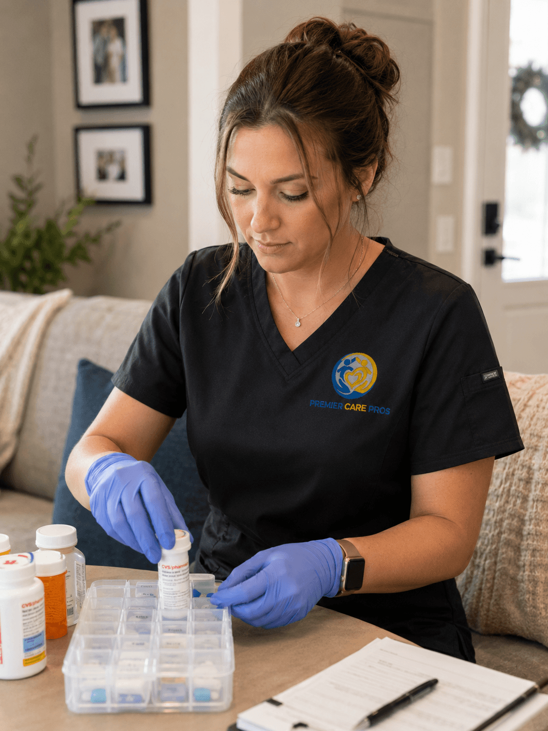 A Premier Care Pros nurse organizing medications during a home visit