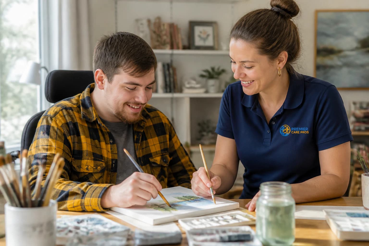 A young adult and caregiver working together on a creative hobby