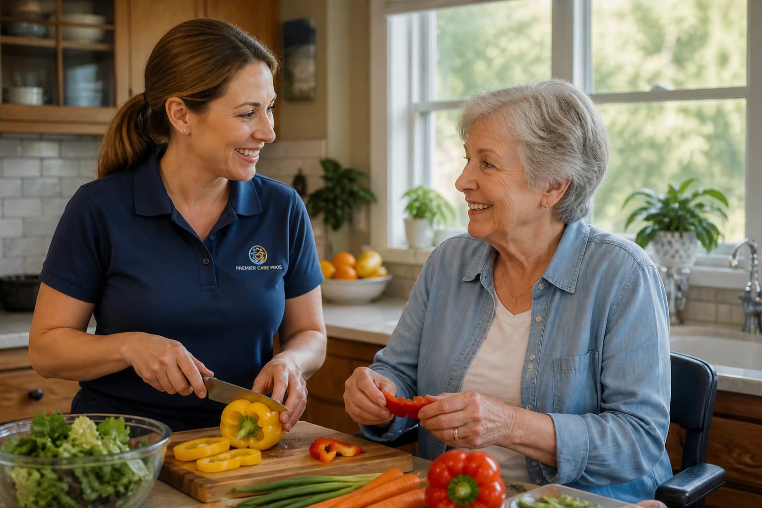 A caregiver and older adult preparing fresh vegetables together