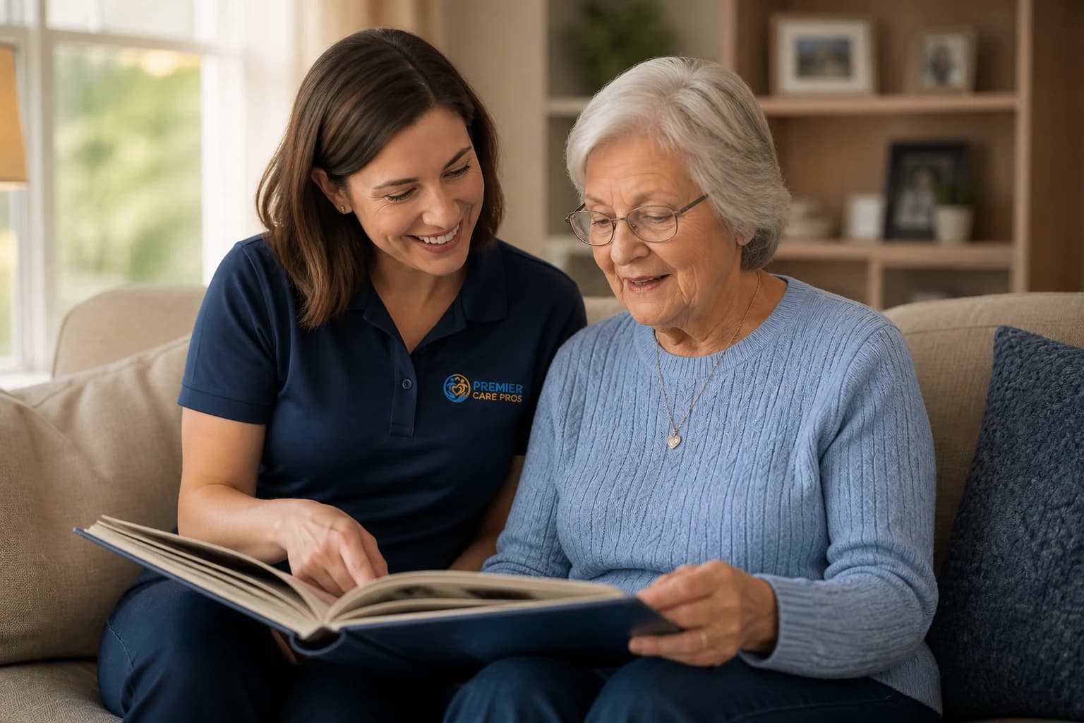 A caregiver and older adult looking through a photo album together